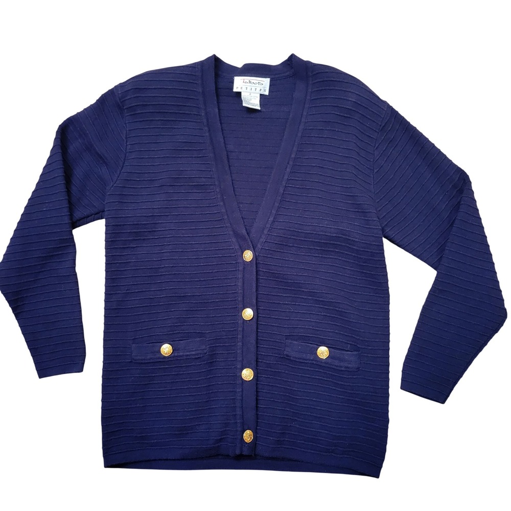 Talbots P Cardigan Navy Blue Ribbed Gold Crest Button Shoulder Pads Vintage